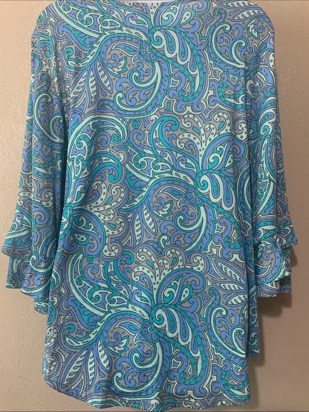 Ruby Rd. Size S Blue & Teal Paisley Ruffle-Sleeve Tunic Metallic Stripes - Picture 3 of 5